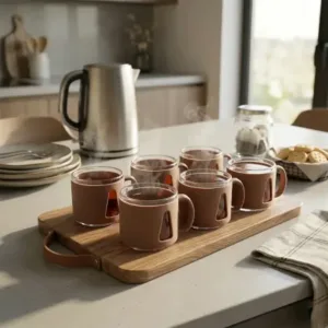 Premium Round Tea Cup Set with Handle (6 Pc Set) ( default, Standard )